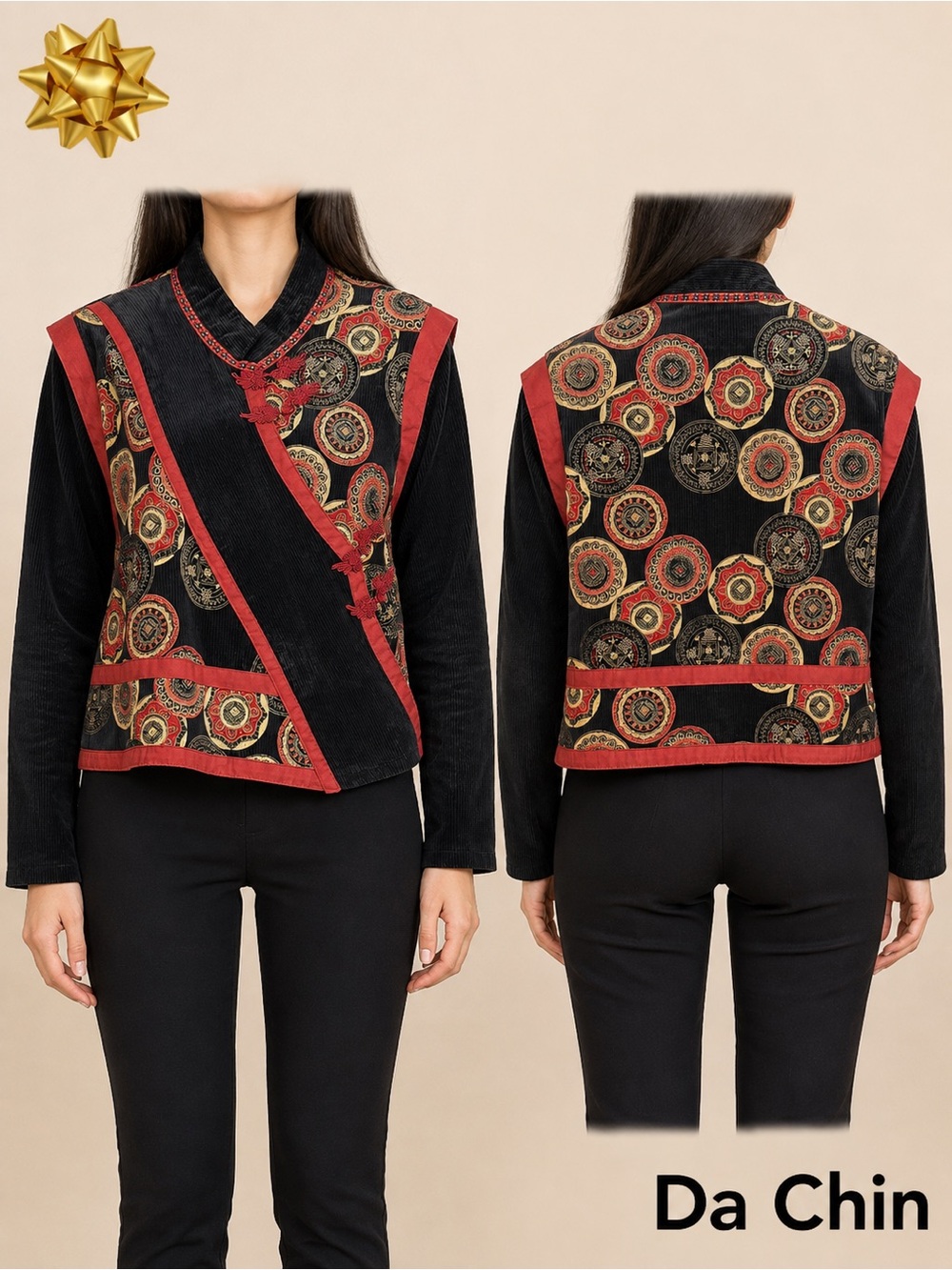 Vintage Black Corduroy Patchwork Frog Closure Art-to-Wear Jacket Small